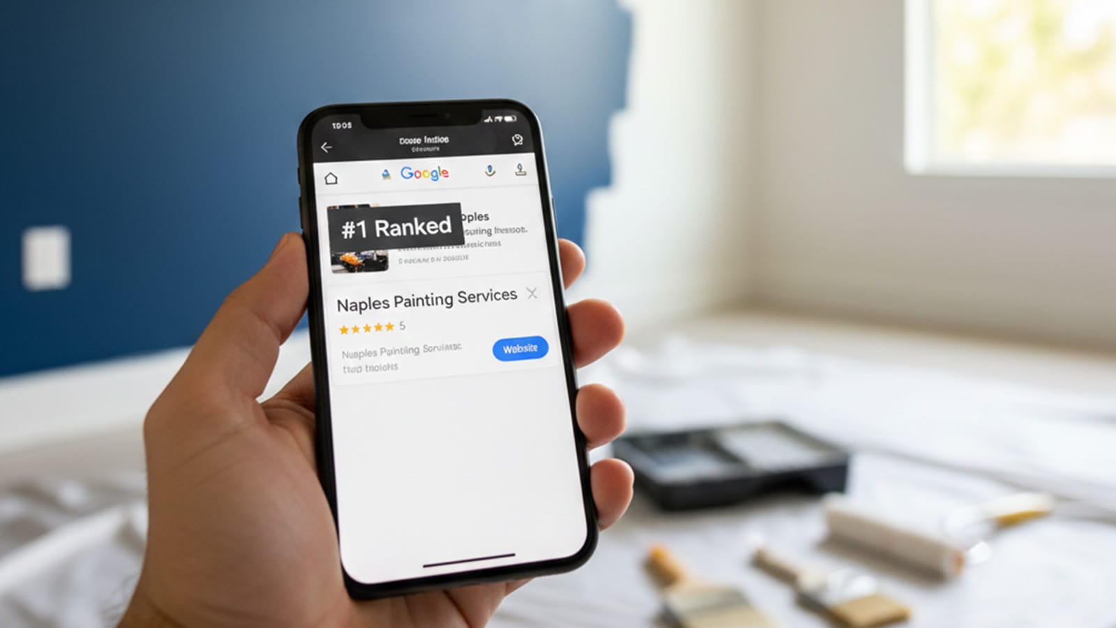A professional painting contractor's website displayed on a mobile phone, showing a high ranking for local painting services, with a freshly painted wall and tools in the background.